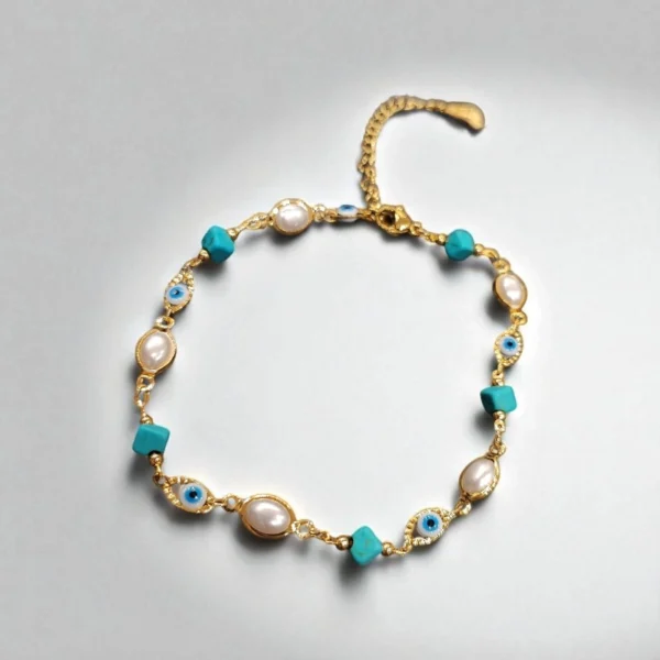 Ατσάλινο βραχιόλι ποδιού με ματάκια και μπλε πέτρες