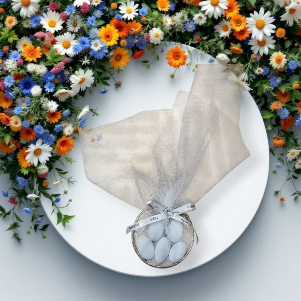 Μπομπονιέρα με κρίκο και 5 κουφέτα βότσαλο μιξ γεύσεων