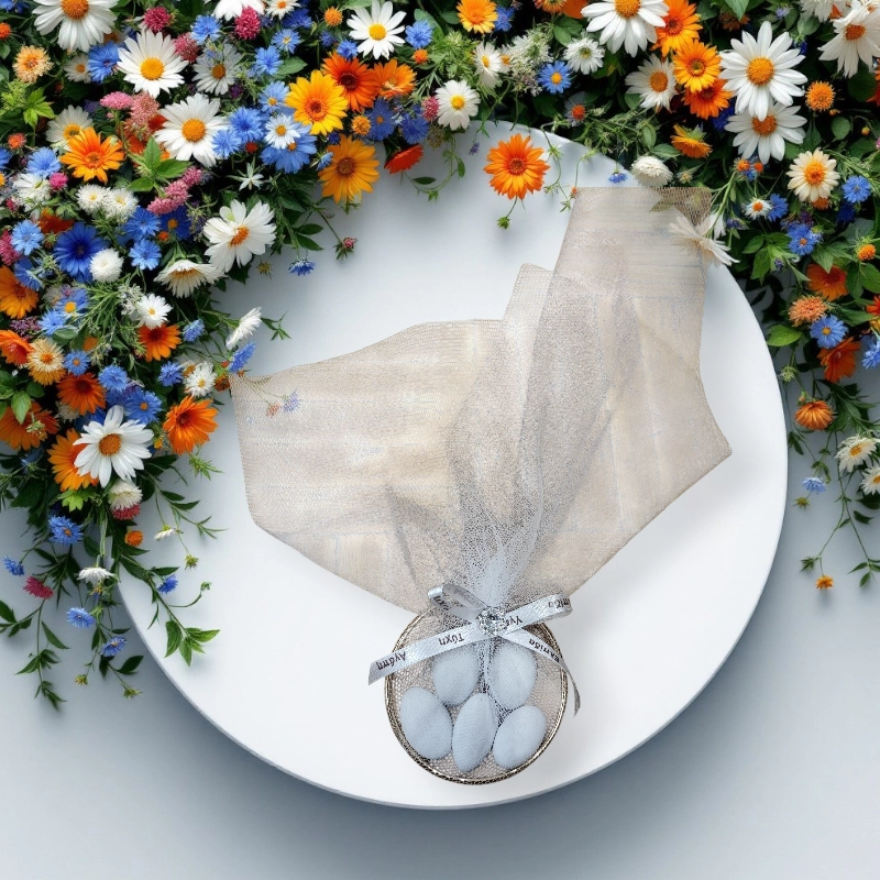 Μπομπονιέρα με κρίκο και 5 κουφέτα βότσαλο μιξ γεύσεων