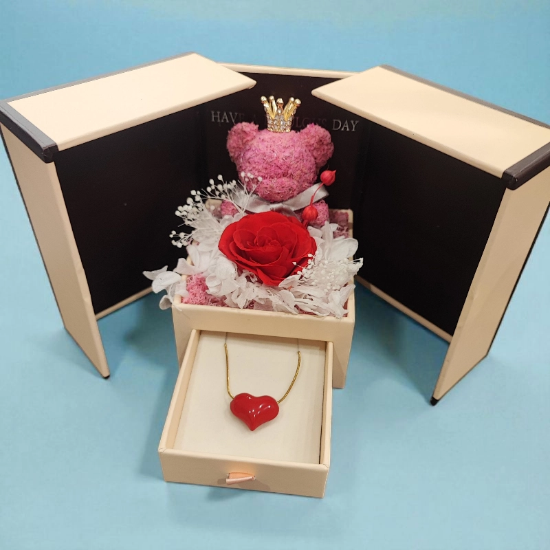 Σετ αρκουδάκι,κόκκινο forever rose και ατσάλινο κολιέ