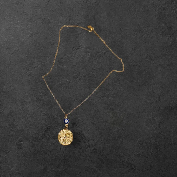 Ατσάλινο κολιέ κωνσταντινάτο με ματάκι σε χρυσή απόχρωση