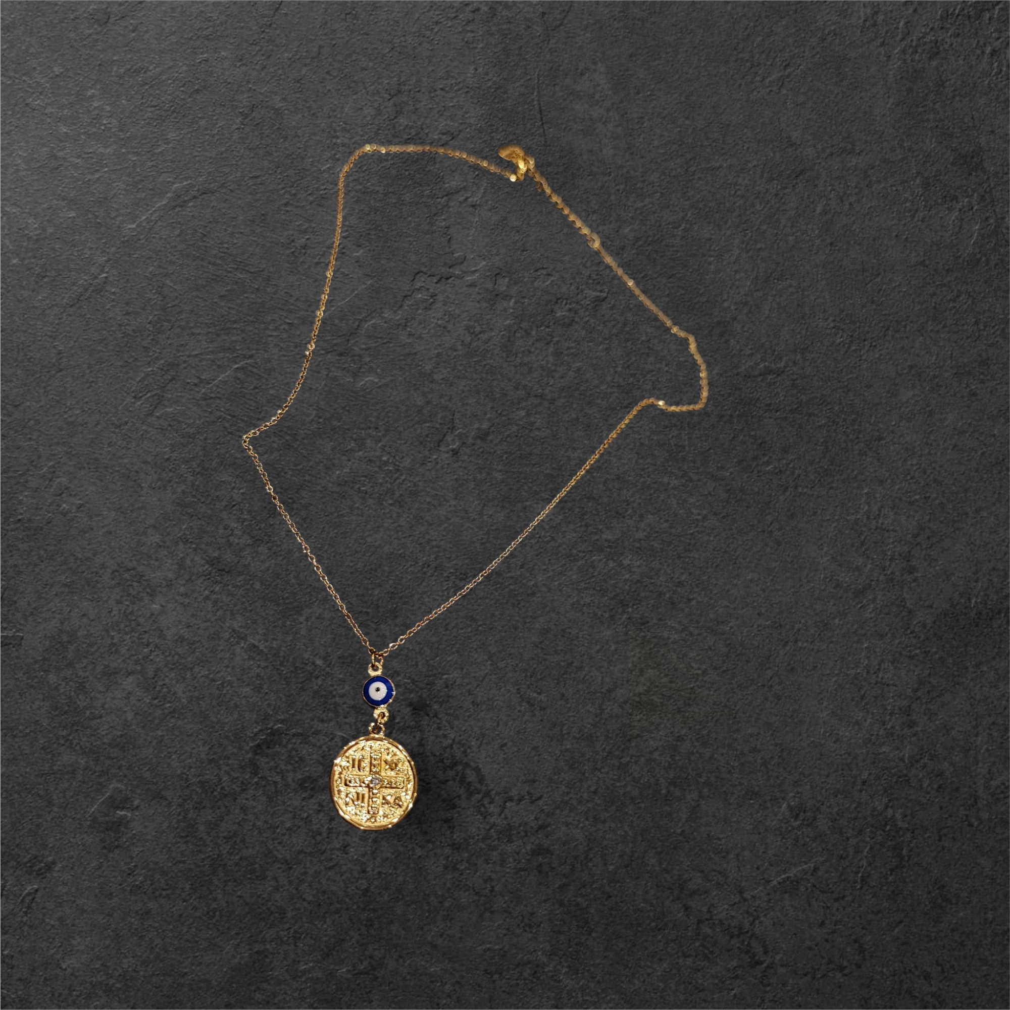 Ατσάλινο κολιέ κωνσταντινάτο με ματάκι σε χρυσή απόχρωση