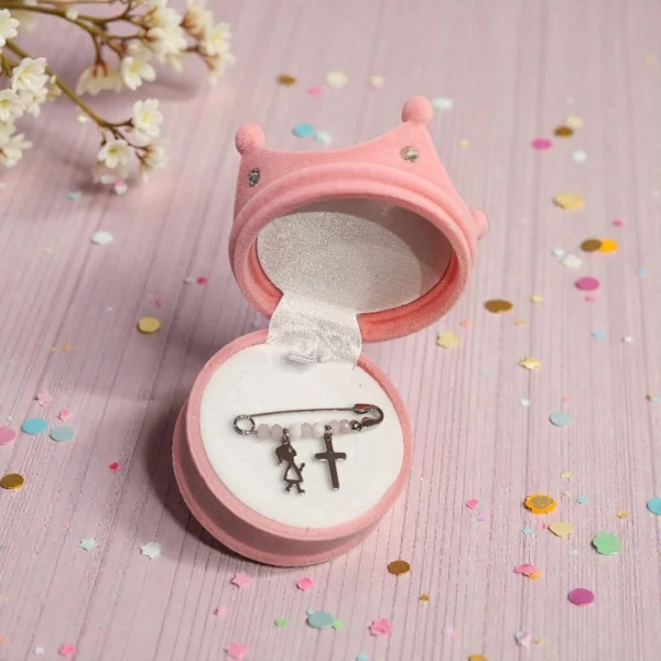 Ατσάλινη καρφίτσα για νεογέννητο με σταυρό και πέρλες