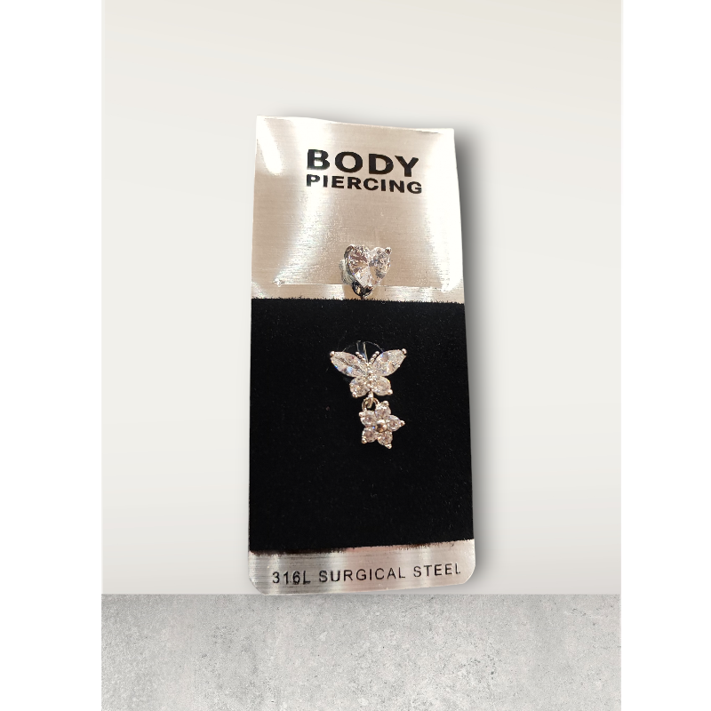 Σκουλαρίκι αφαλού χειρουργικό ατσάλι πεταλούδα με λουλούδι στρας